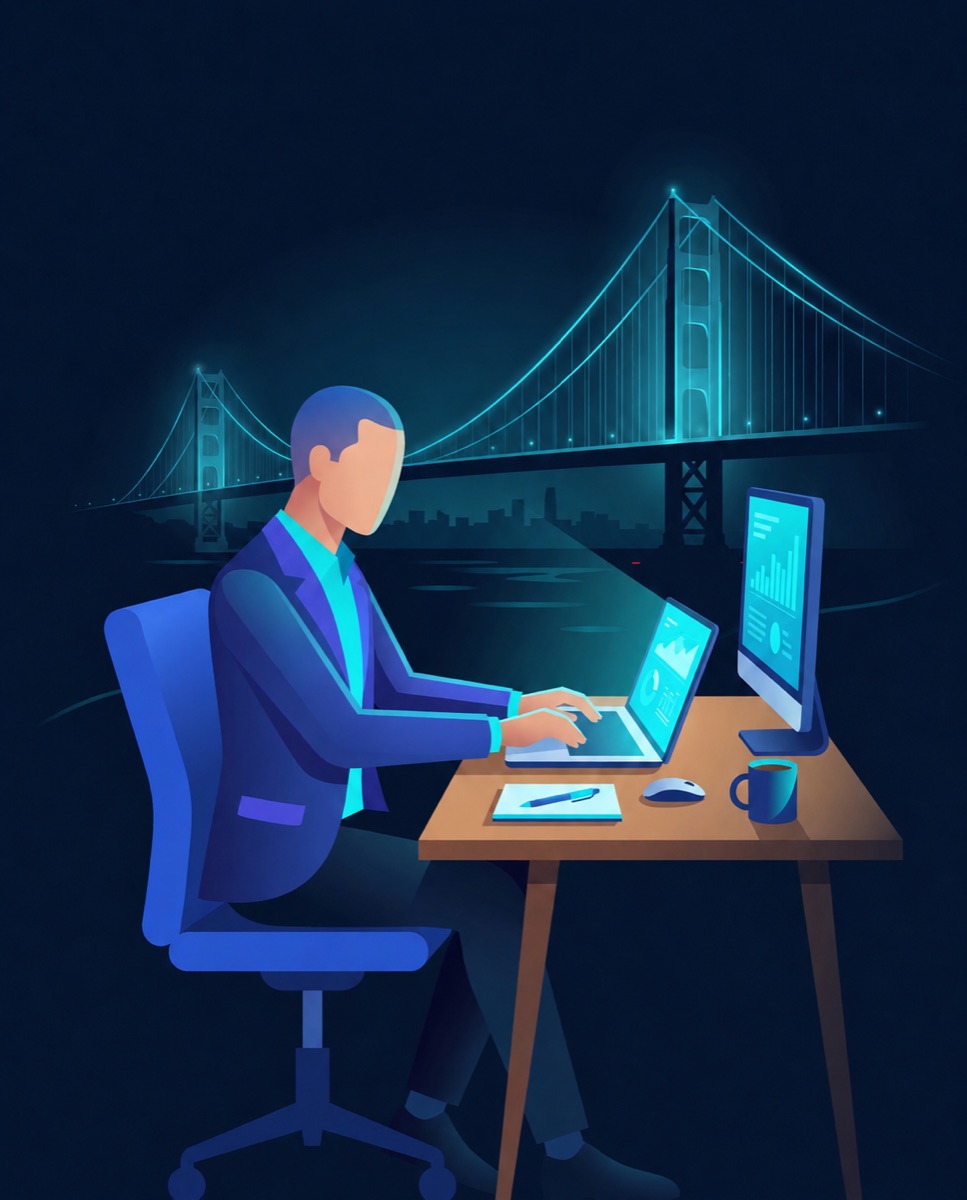 Illustration d'un consultant BridgeToG au travail sur plusieurs écrans de données